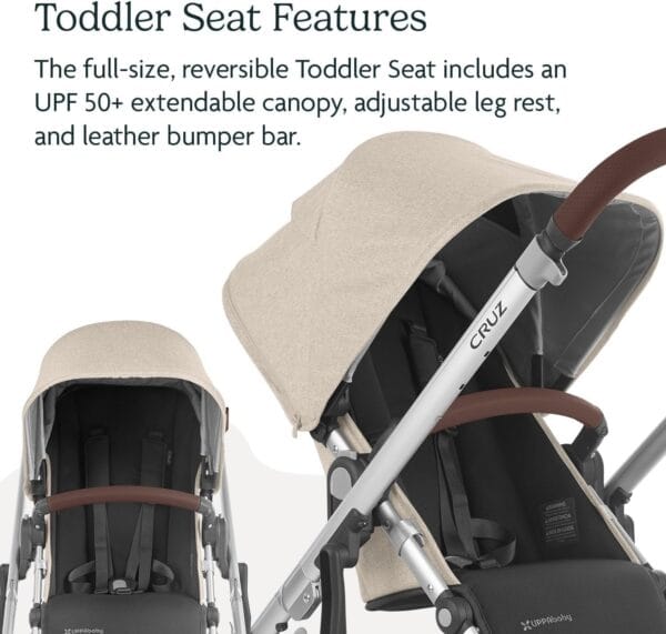 UPPAbaby Cruz V2 Stroller Declan Oat Mélange Silver Frame Chestnut Leather - Image 5