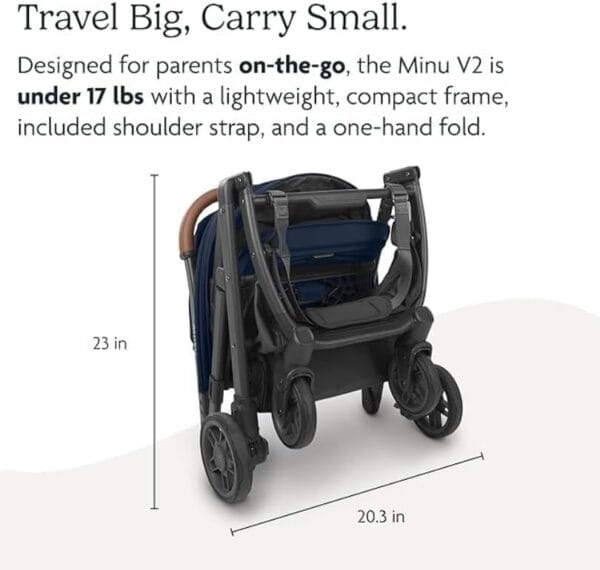 UPPAbaby Minu V2 Stroller Charlotte Coastal Blue Mélange Carbon Frame Saddle Leather - Image 4