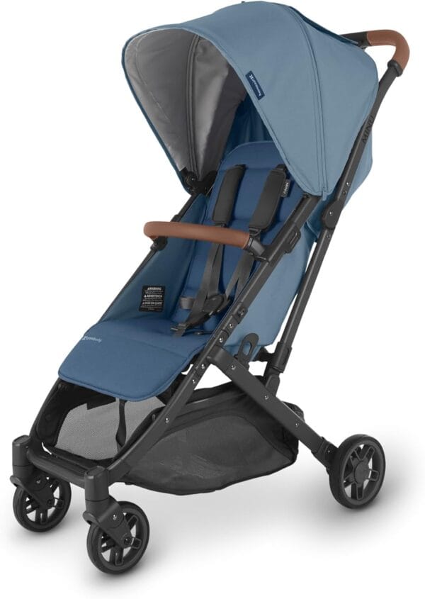 UPPAbaby Minu V2 Stroller Charlotte Coastal Blue Mélange Carbon Frame Saddle Leather - Image 6