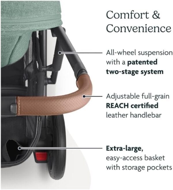 UPPAbaby Cruz V2 Stroller Gwen Green Mélange Carbon Frame Saddle Leather - Image 2